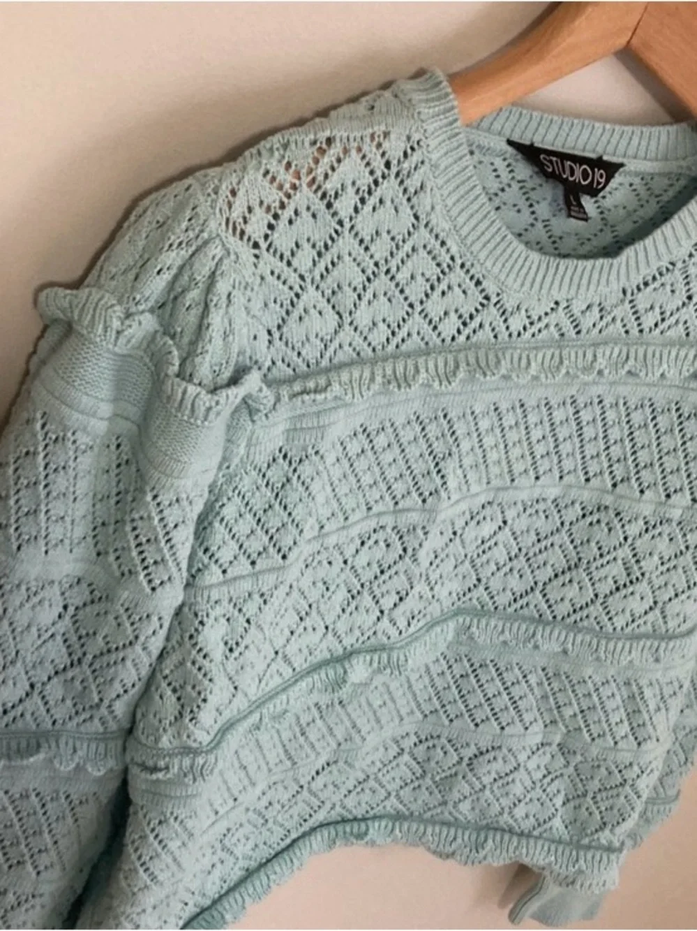 Studio 19 crochet Sweater, Balloon Sleeve Boho Sweater, Blue Ruffled Knit, Large